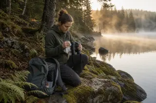Woman adjusting binoculars on a mossy lakeshore at dawn, with mist over the water, dense pine forest and hiking gear nearby.