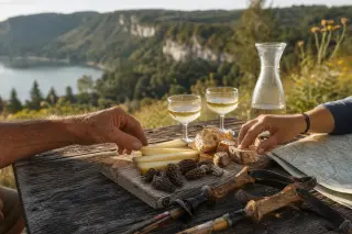 Hands of two hikers sharing regional cheese and morels on a rustic table, Jura lake and cliffs visible in soft afternoon light.