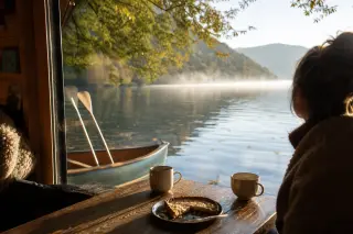 Table by chalet window with coffee, pastry, and morning reflections on lake, hint of person in fleece, gentle mist outside.