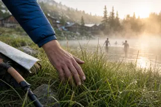 Close-up of a hiker’s hand brushing dew from lakeside grass at dawn, with misty lake, faint swimmers, chalets and pine trees in soft background light.