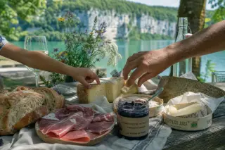 Close-up of a rustic picnic with regional products on a wooden table by Lake Chalain, showing hands reaching for cheese with wildflowers and cliffs reflected in soft afternoon light.