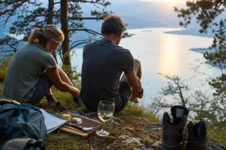 Couple removing hiking boots on a mossy lakeside rock at dusk, with local cheese and wine beside them, overlooking Lac du Bourget through pine trees.