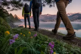 Three hikers' legs on a dew-soaked trail beside Lake Annecy at dawn, with wildflowers, mist over the water, and mountain silhouettes in soft morning light