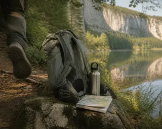 Trekking boots and backpack next to a detailed map on alpine grass at dawn, with a hiker blurred in the mist near a mountain lake in the background.