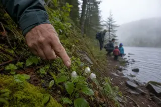 Hand pointing to alpine flowers and moss on a forest trail near Lake Gérardmer, with a family quietly observing nature by the water, soft morning mist and light filtering through Vosges firs.