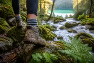 Close-up of muddy hiking boots stepping over mossy rocks beside a stream, with forest and Lac de Chalain visible in soft morning light through misty woodland.