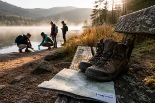 Hiking boots and a map on a wooden bench by Longemer lake, hikers and early morning mist in the blurred background.
