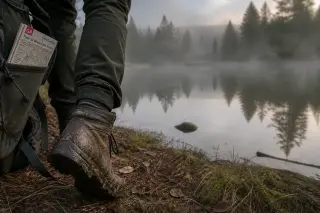Mud-splattered hiking boots and backpack on a pine-covered bank, misty Vosges lake and trees in the background, early morning light.