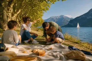 Family sitting on grass after a picnic near Lake Bourget, with mountains in the background and afternoon sunlight filtering through trees.