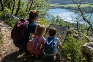 Family pauses on a Jura lakeside discovery trail, examining an educational sign surrounded by wildflowers and limestone, dappled sunlight and lake glimpsed through trees.