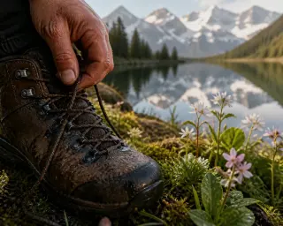 Muddy hiking boot amid alpine wildflowers by a lake, hand untying laces, soft morning light and mist with snowy peaks reflected in the water.
