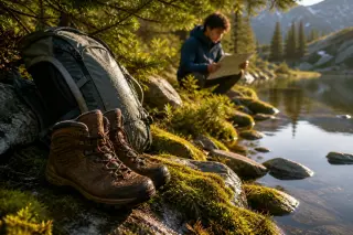 Hiking boots and a damp trail map rest on wild grass beside an alpine lake path, misty forest and lake just visible beyond in the cool morning light.