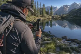 Hiker adjusting pole strap on rocky lakeshore trail at dawn, with forest reflections and snow-capped peaks in the lake background, soft morning light emphasizing textures of gear and dewy grass.