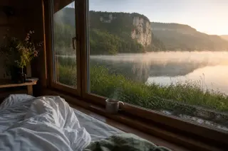 Morning light filters into a chalet bedroom, with an unmade bed and a mug on the windowsill overlooking a misty Jura lake and cliffs.